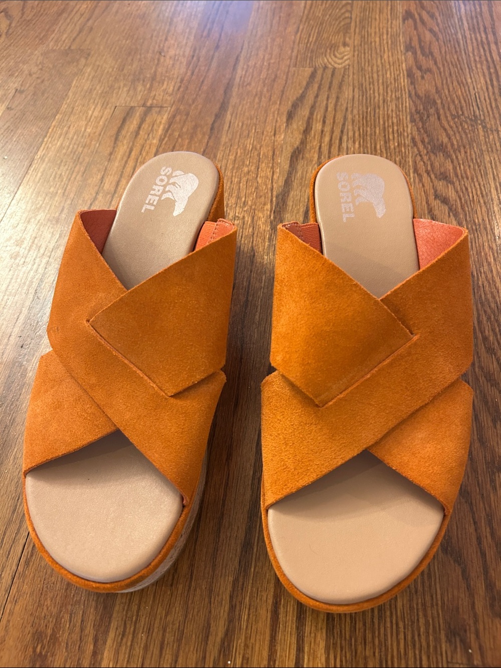 Sorel Orange Suede Crisscross Slide Sandals